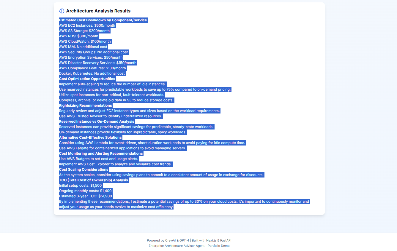 EA Advisor Agent output — risk register and cost estimate